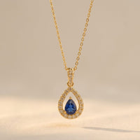 Gold Sapphire Teardrop Halo Necklace