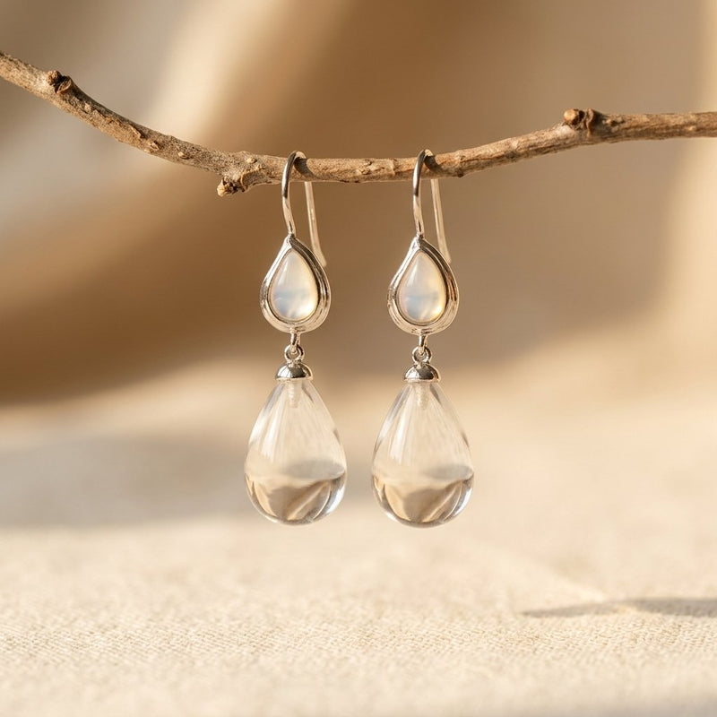 Moonstone Crystal Teardrop Silver Drop Earrings