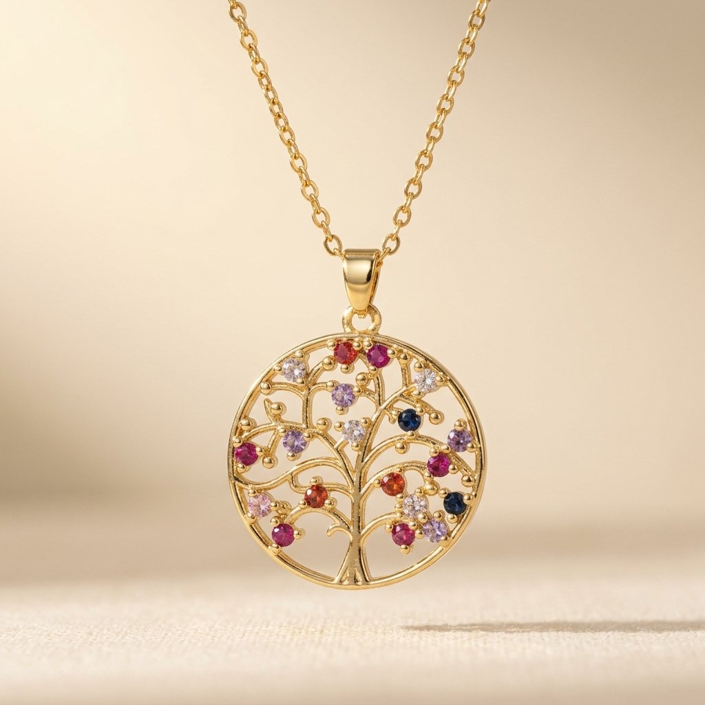 Gold Filigree Colorful Stone Tree Necklace