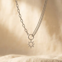 Vintage Silver Sun Pendant Asymmetrical Chain Necklace