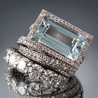 Art Deco Pave Silver Aqua Stone Ring Stack
