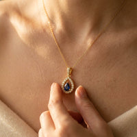 Gold Sapphire Teardrop Halo Necklace