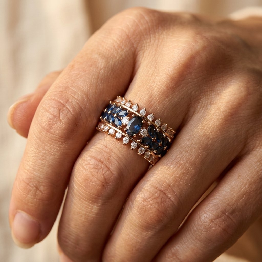 Royal Gold Sapphire Blue Wide Band Ring