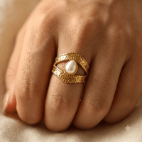 Gold Textured Pearl Open Statement Ring