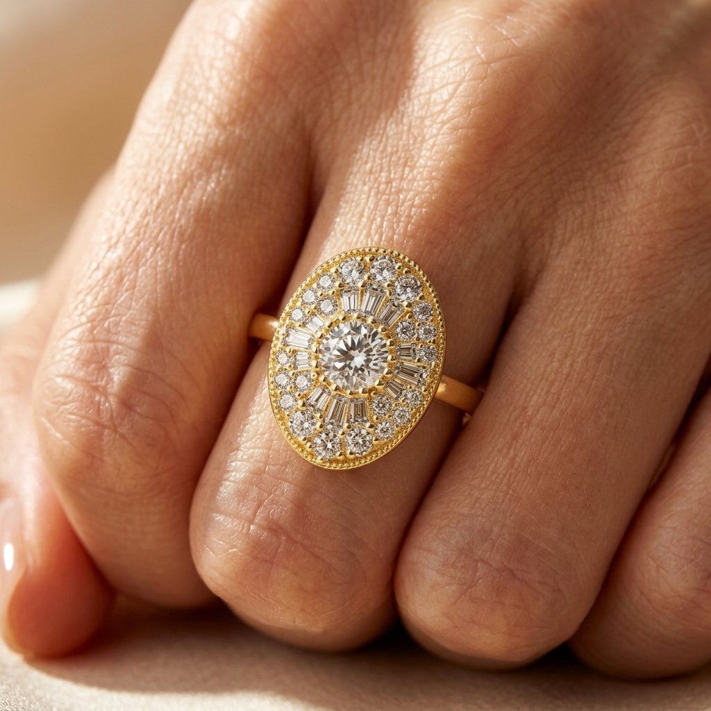 Oval Halo Sunburst Moissanite Ring