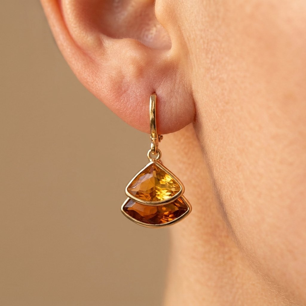 Gold Amber Cushion Fan Shaped Earrings