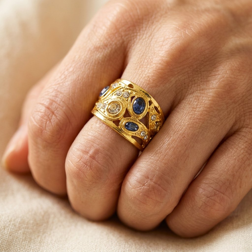 Vintage Gold Sapphire Blue Openwork Band Ring