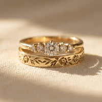 Vintage Gold Floral Filigree Round Cubic Zirconia Ring Set