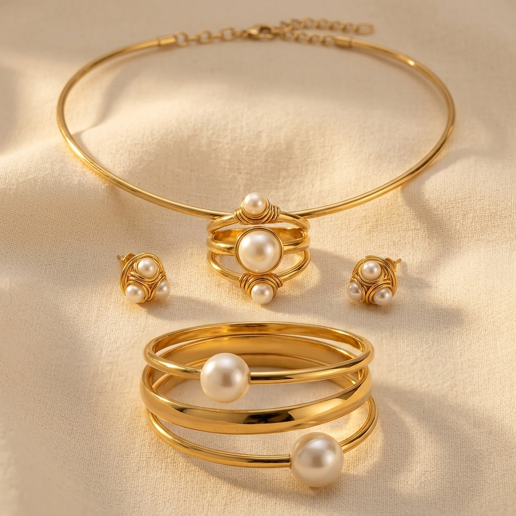 Elegant Gold Pearl Bracelet Ring Set