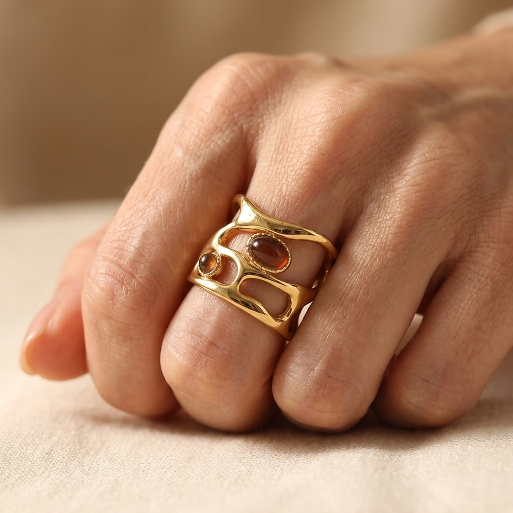 Gold Plated Geometric Brown Stone Cuff Ring