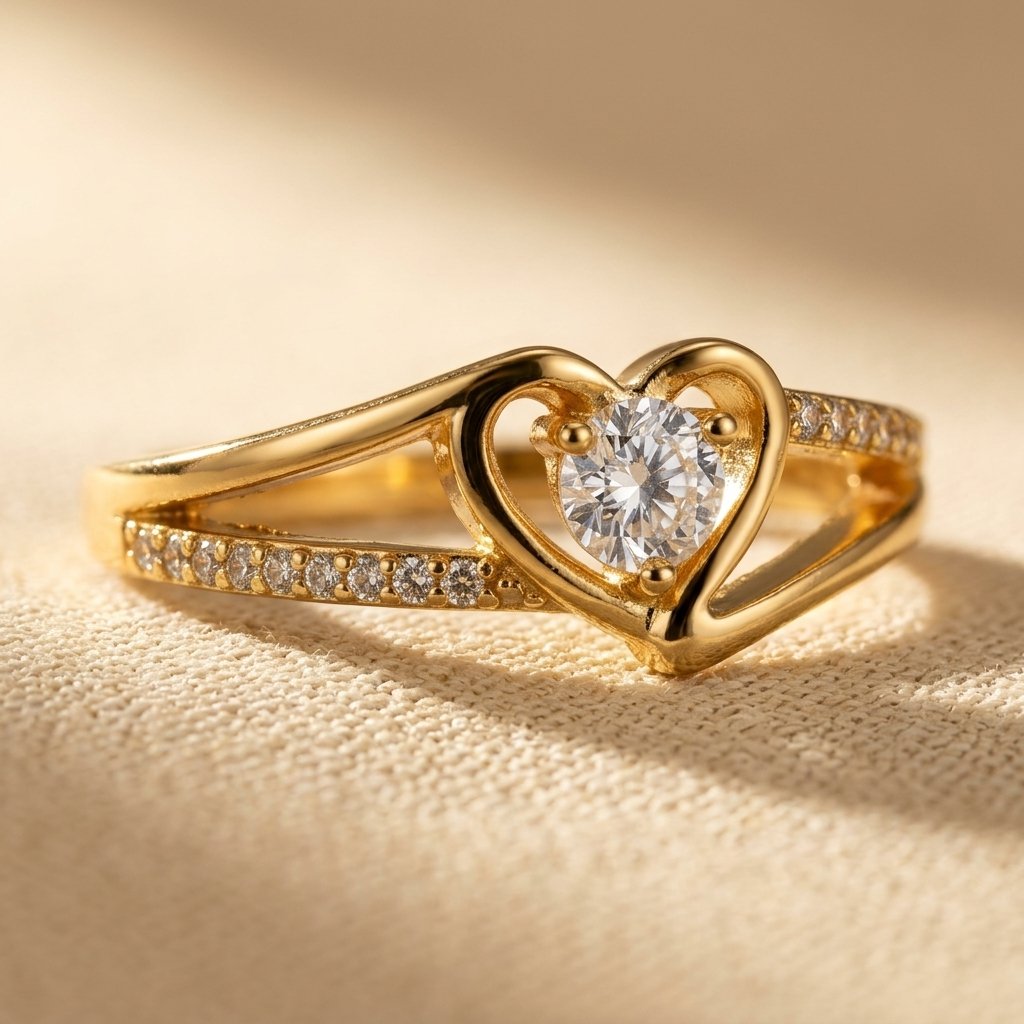 Gold Heart Shaped Round Cubic Zirconia Ring