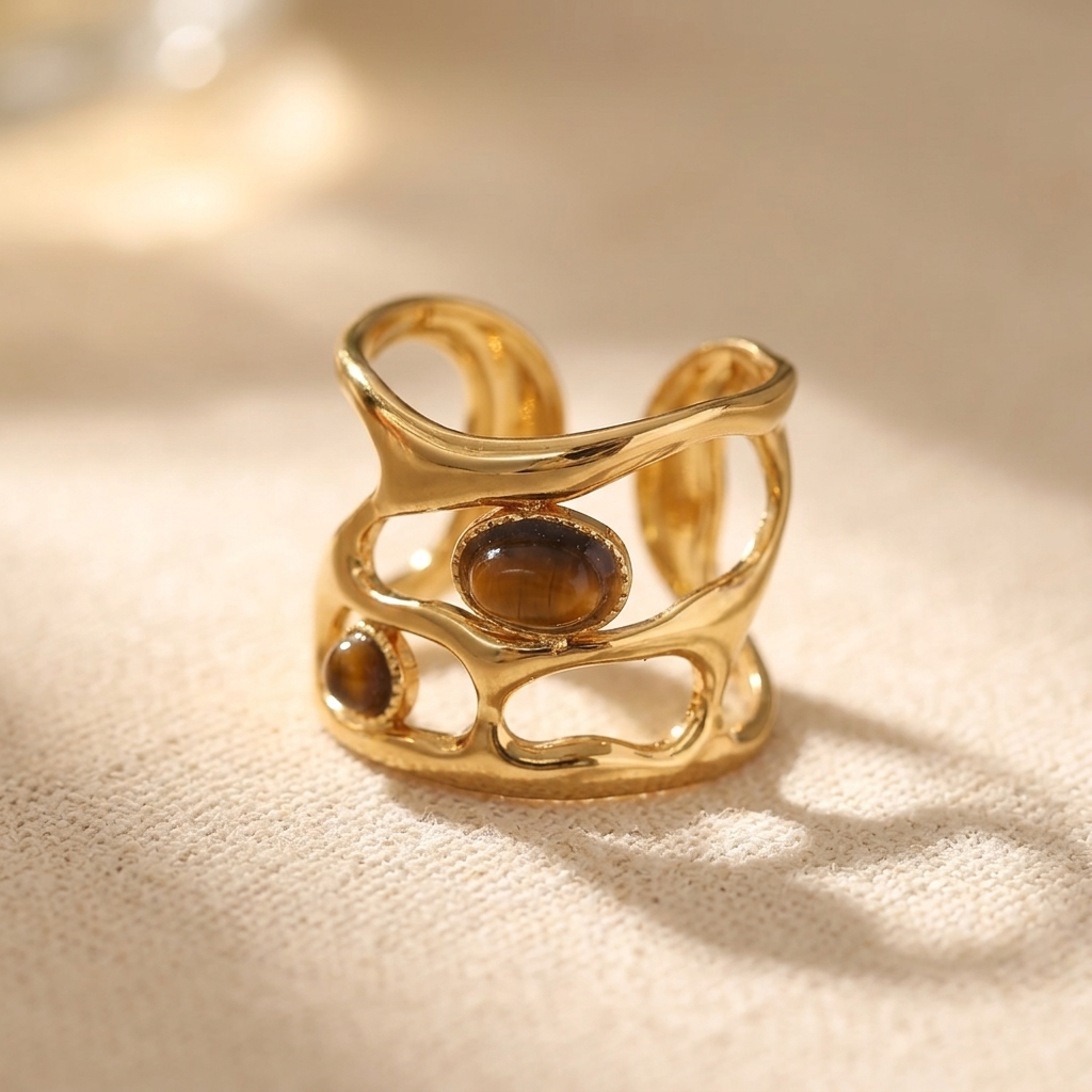 Gold Plated Geometric Brown Stone Cuff Ring