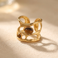 Gold Plated Geometric Brown Stone Cuff Ring
