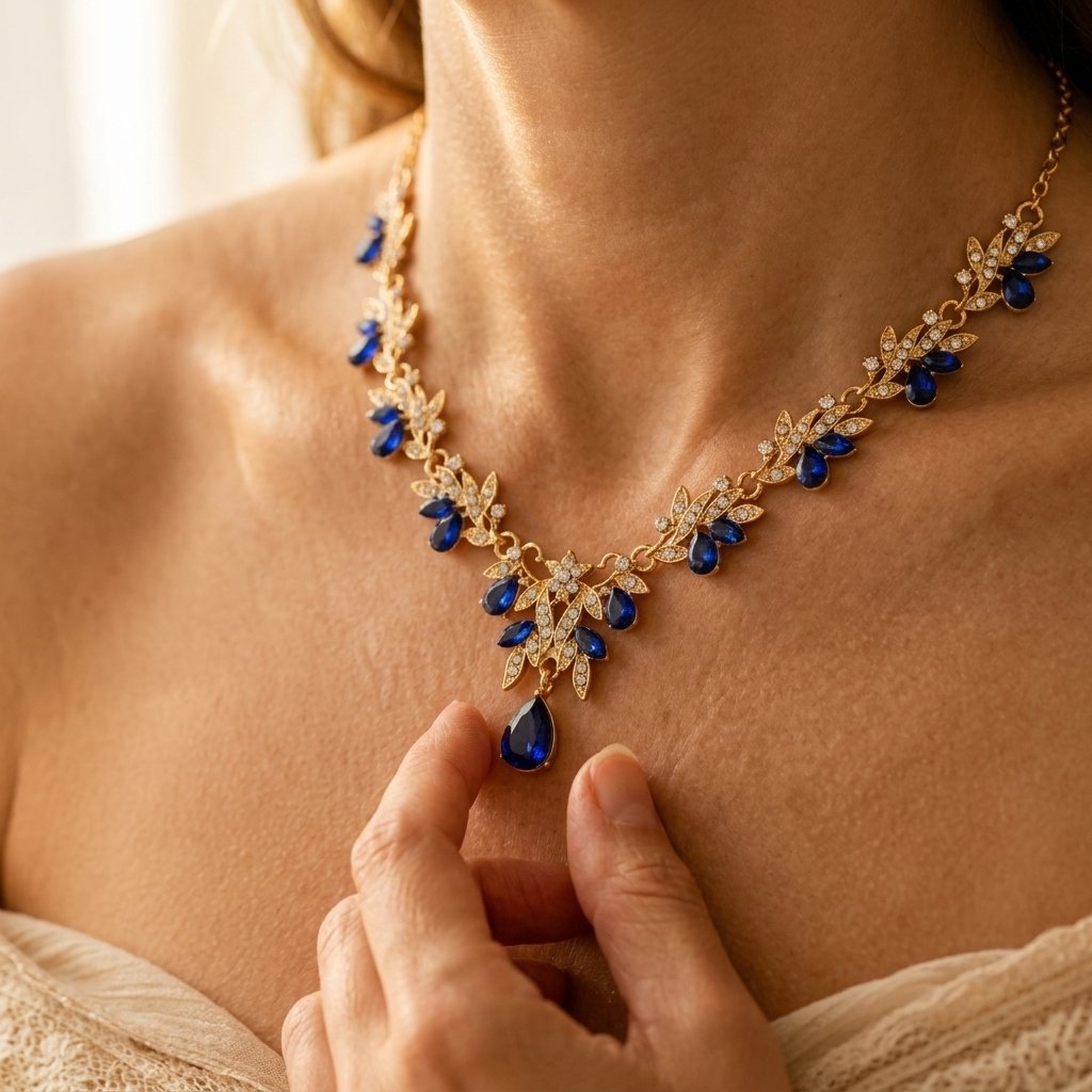 Gold Sapphire Filigree Leaf Necklace