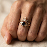 Vintage Gold Blue Sapphire Lotus Ring Set