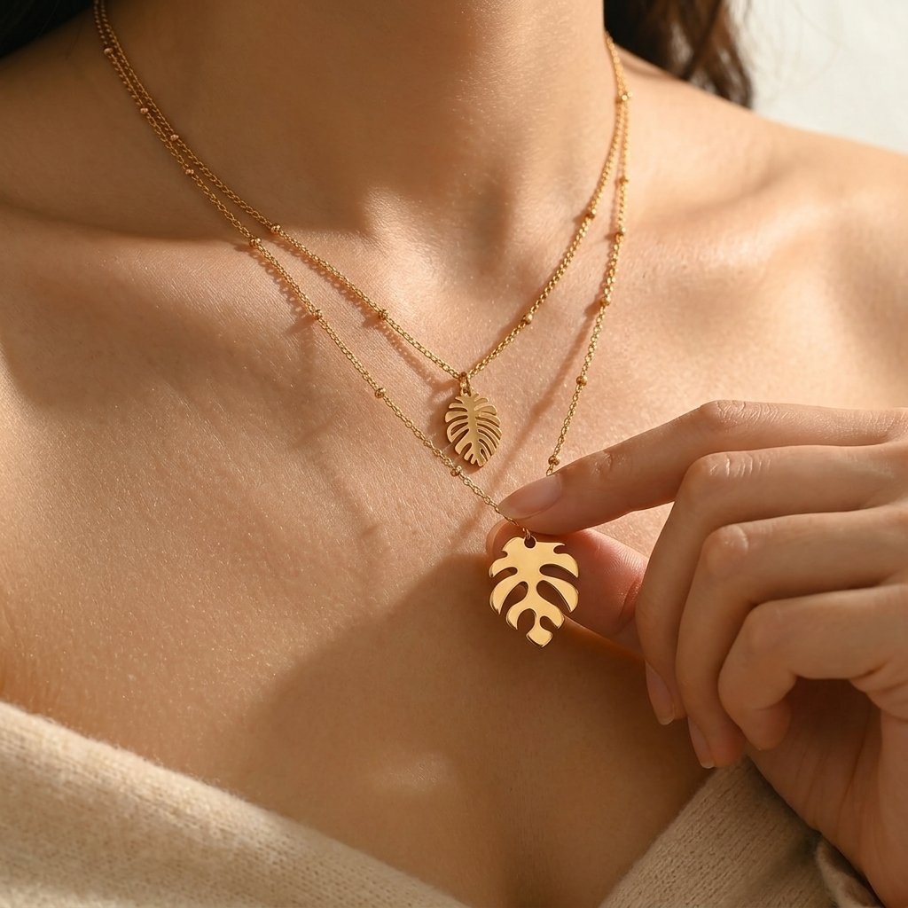 Gold Tropical Monstera Leaf Layered Necklace