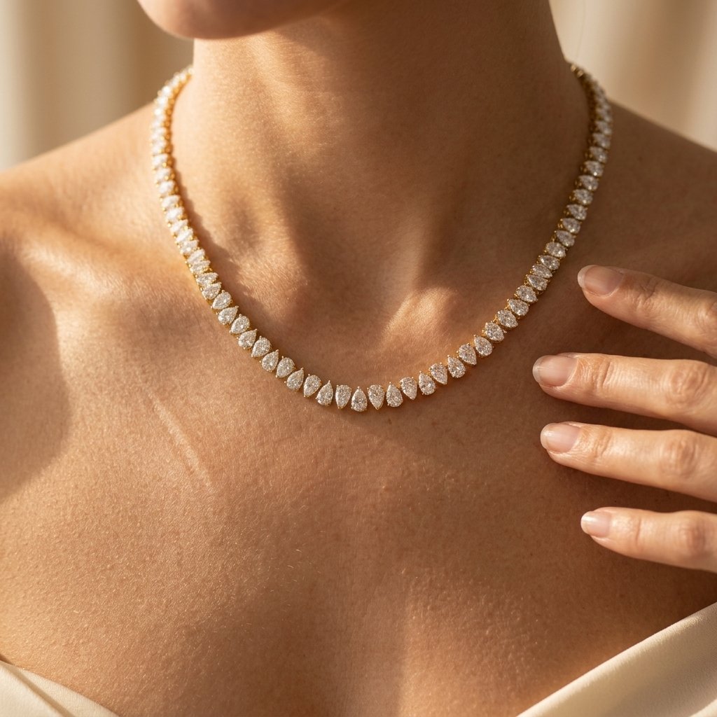 Gold Pear Shaped Diamond Tennis Necklace