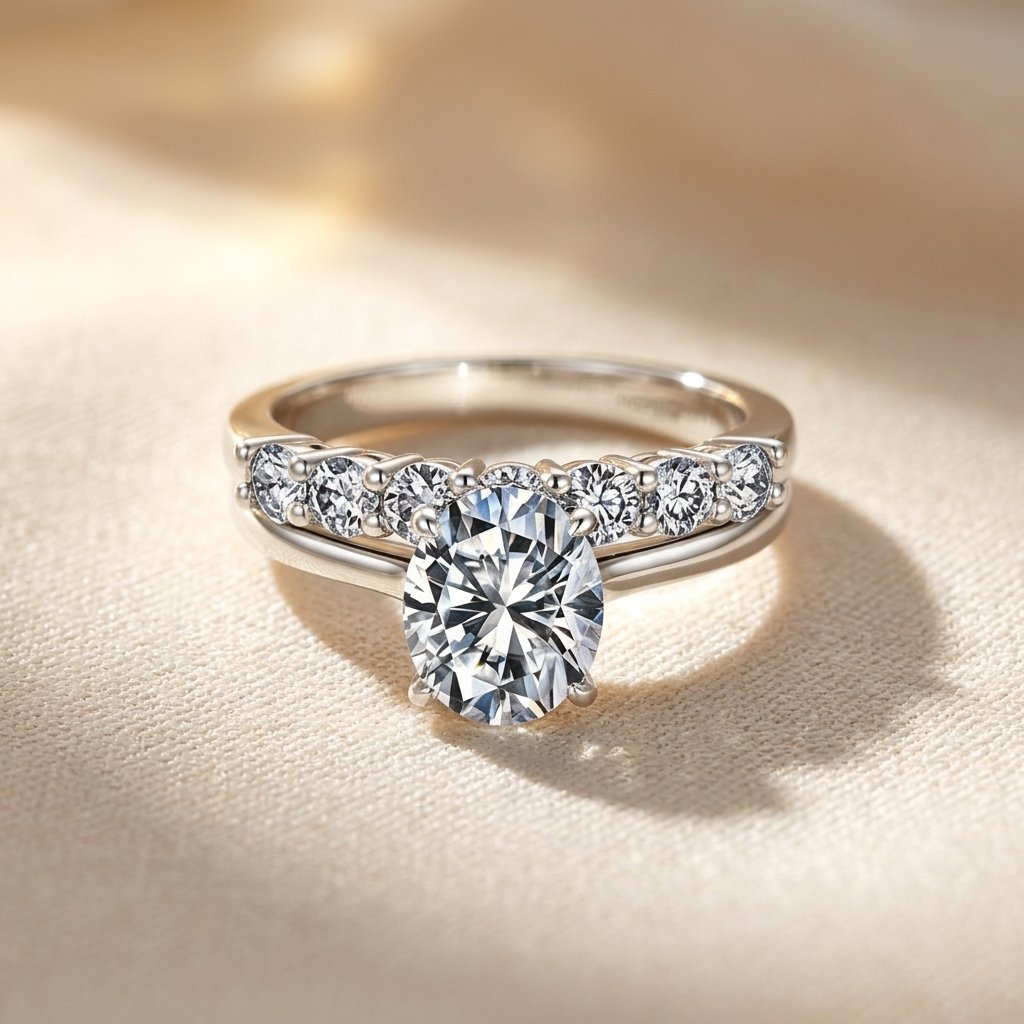 Silver Oval Moissanite Side Stone Ring