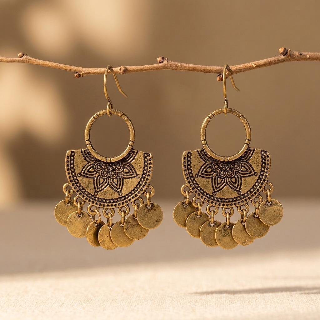 Bohemian Gold Chandelier Coin Earrings