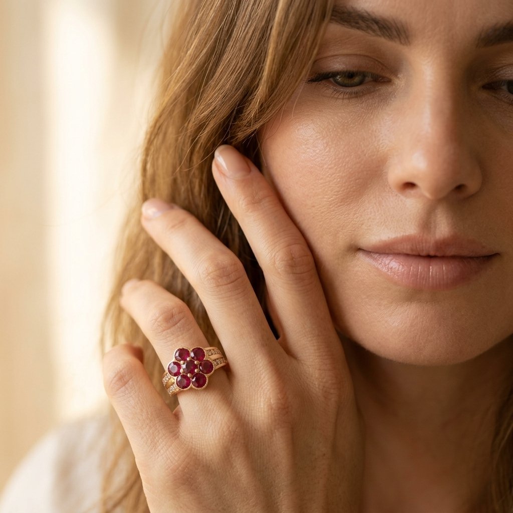 Vintage Gold Ruby Floral Cluster Ring
