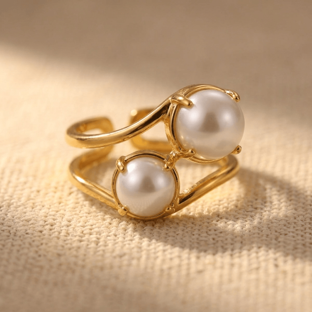 Gold Dual Pearl Geometric Opening Ring