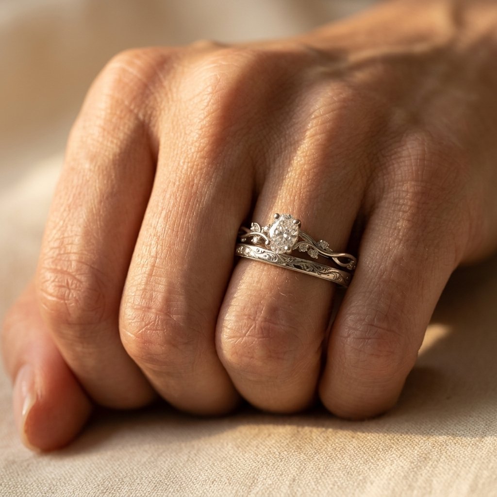 Vintage White Gold Filigree Oval Ring Set