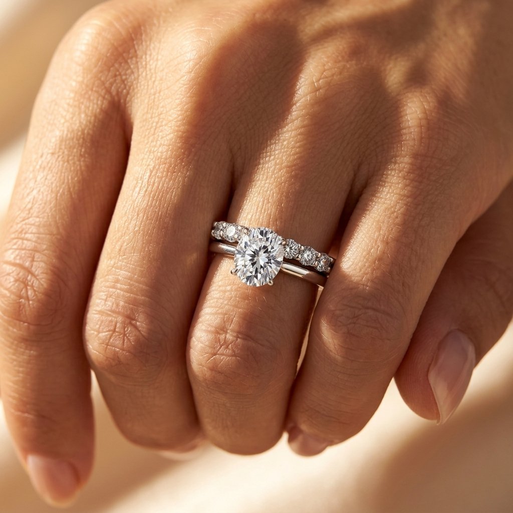 Silver Oval Moissanite Side Stone Ring