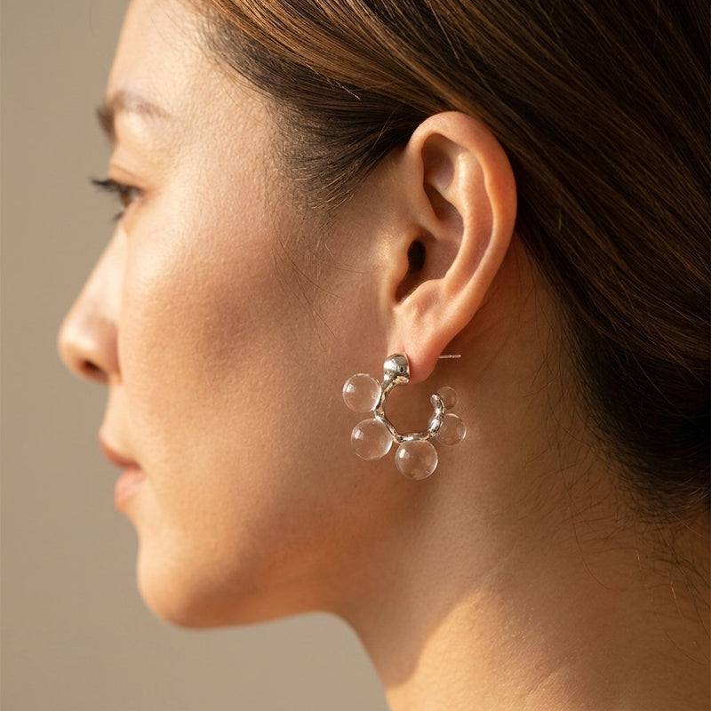 Sculptural Silver Clear Pink Bubble Hoop Earrings