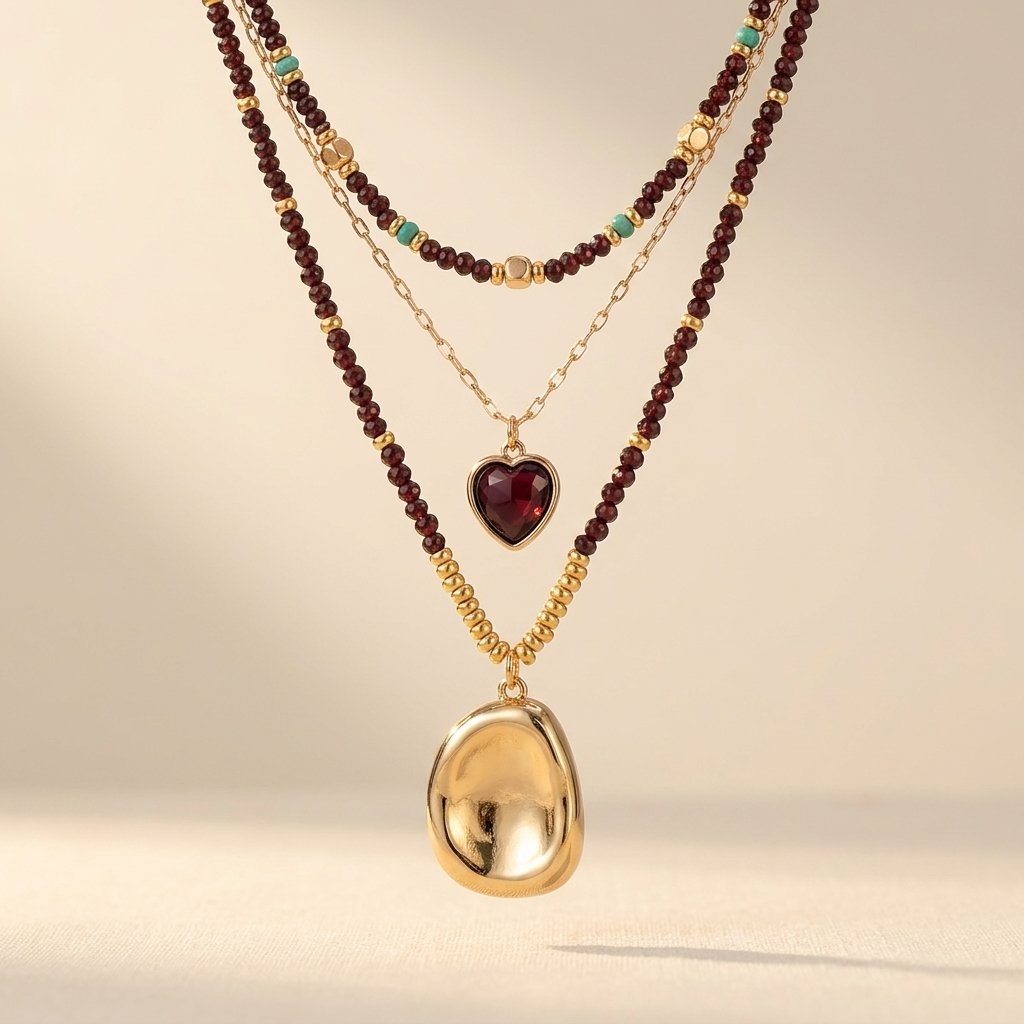 Boho Gold Garnet Heart Layered Necklace