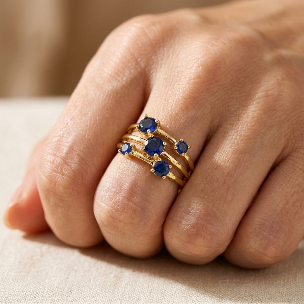 Stacked Gold Blue Sapphire Cluster Ring