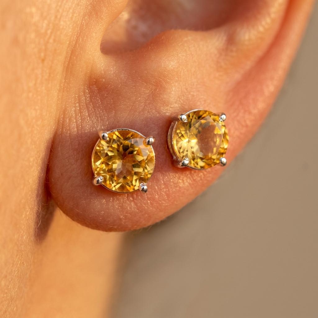 Natural Citrine Silver Stud Earrings