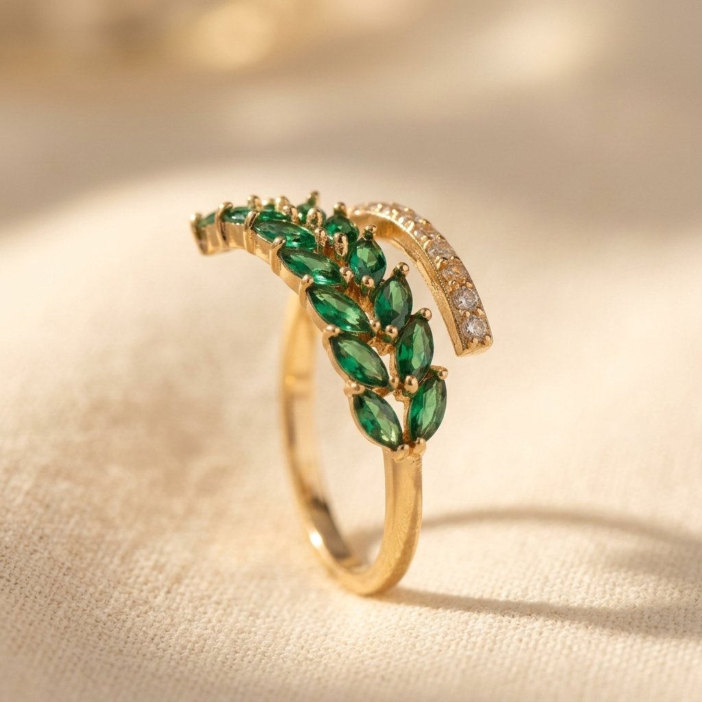 Gold Emerald Marquise Leaf Ring