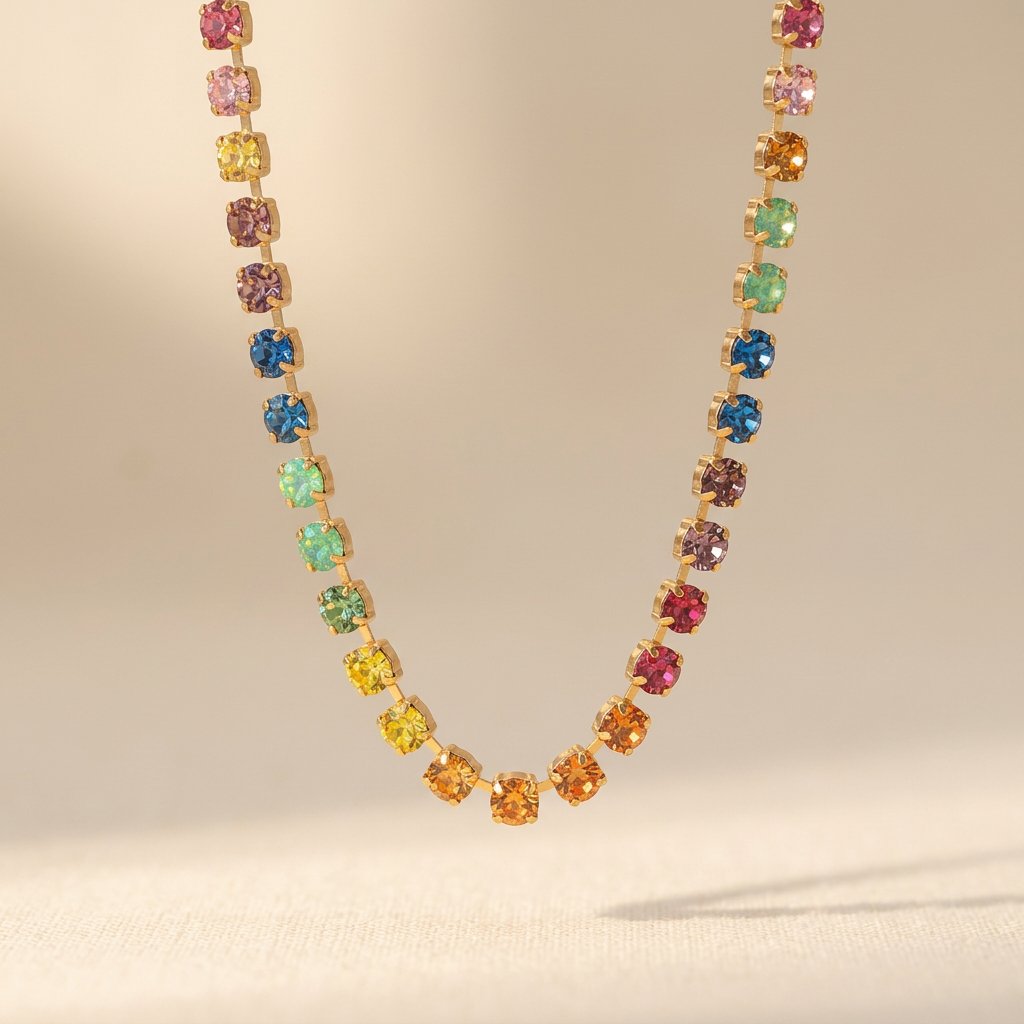 Rainbow Cubic Zirconia Gold Tennis Necklace