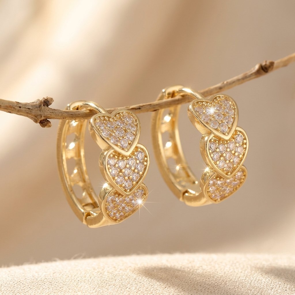 Gold Cubic Zirconia Triple Heart Hoop Earrings