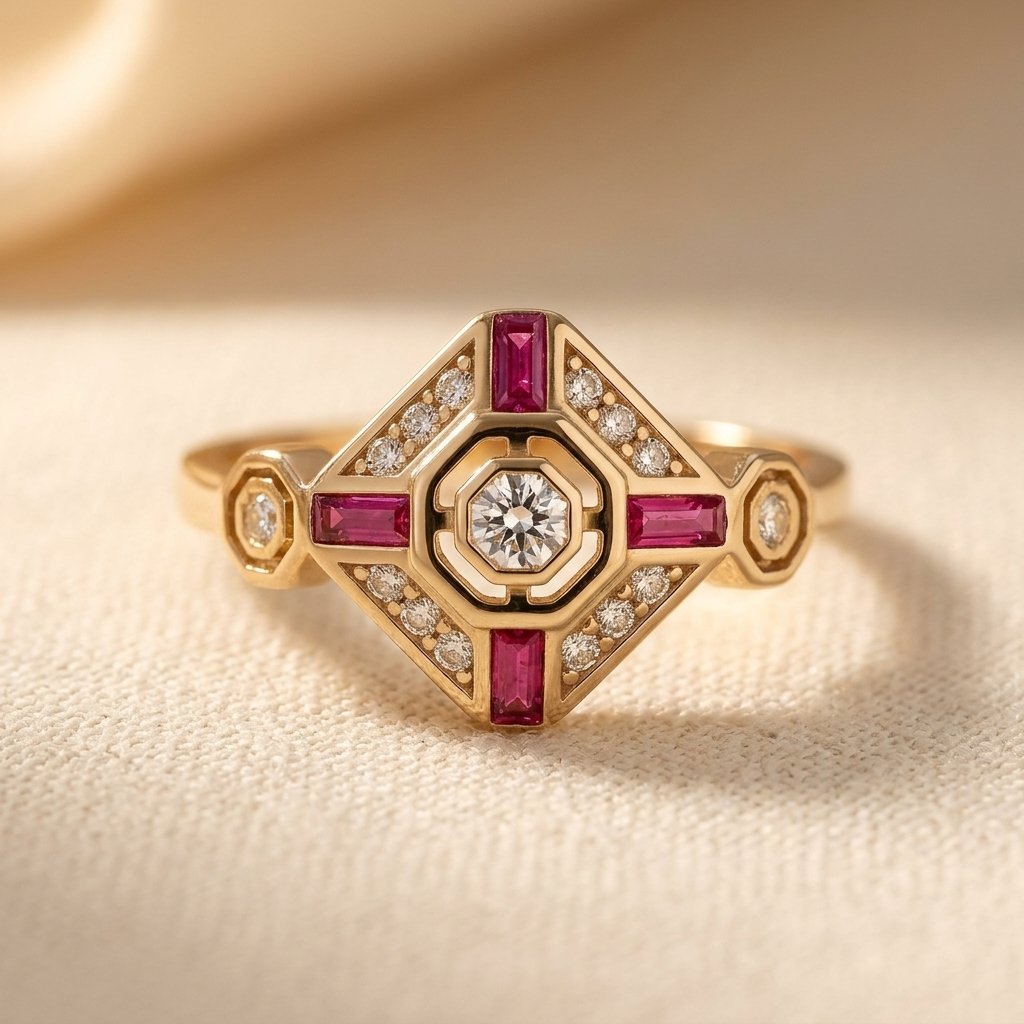 Gold Ruby Diamond Art Deco Ring