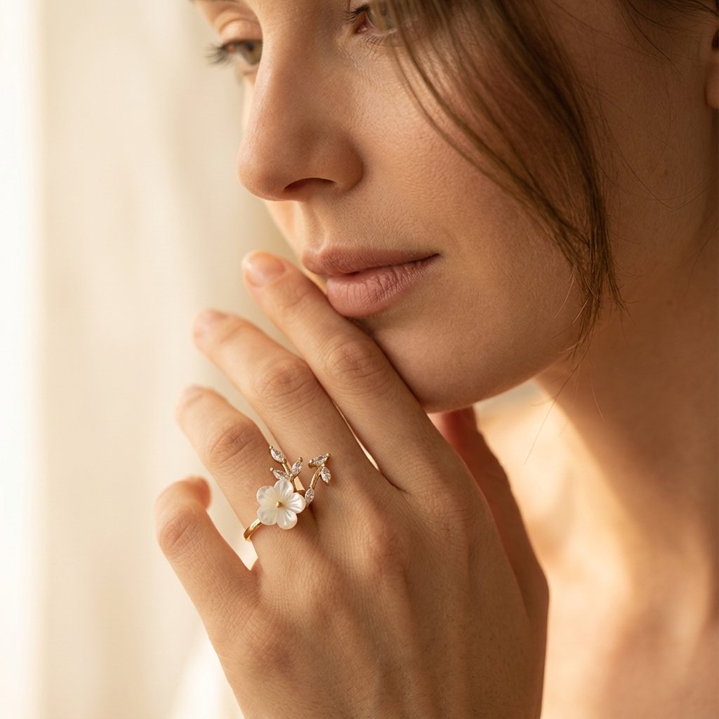 Gold Pearl Carved Flower Ring