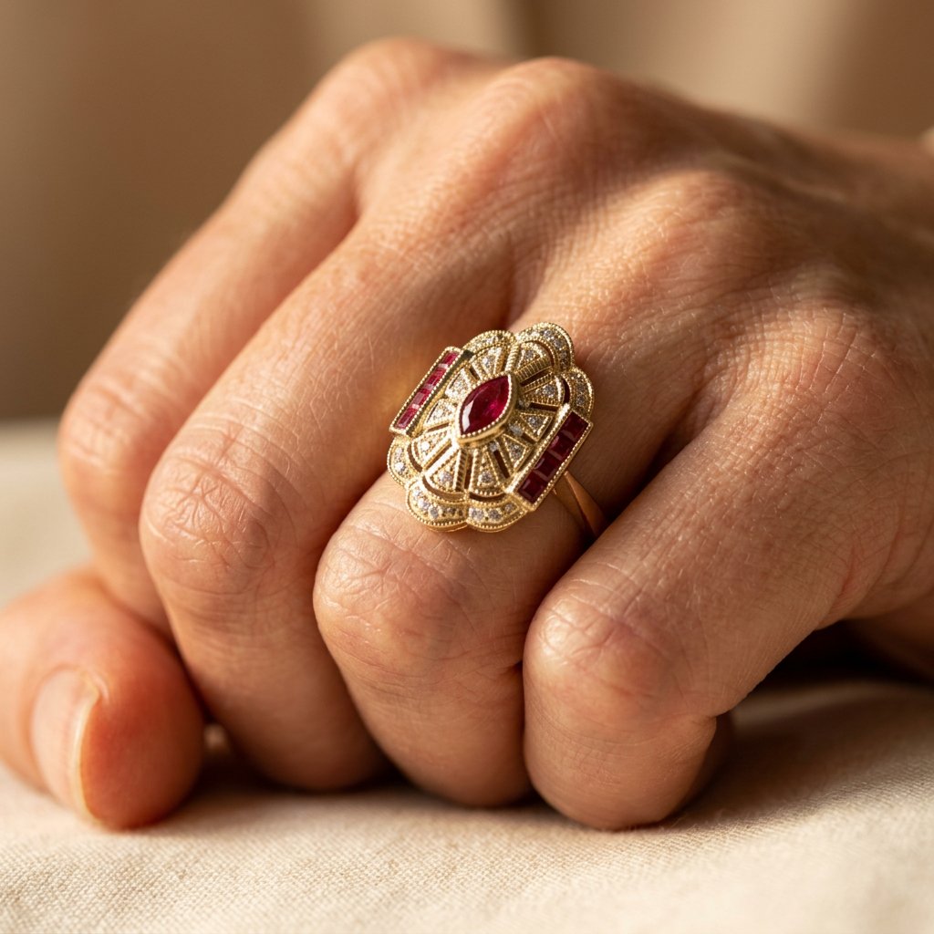 Vintage Gold Ruby Filigree Teardrop Ring