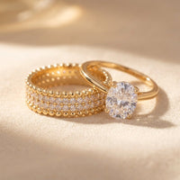 Gold Beaded Oval Cubic Zirconia Ring Set