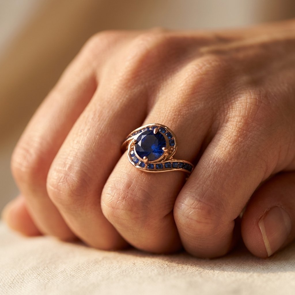 Gold Sapphire Blue Round Halo Ring
