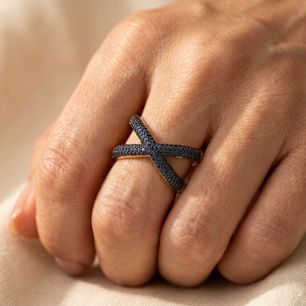 Criss Cross Gold Blue Sapphire Pave Ring