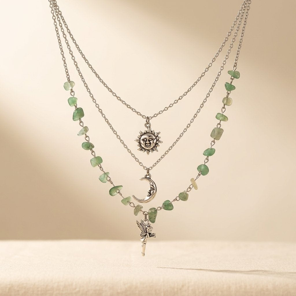 Bohemian Silver Prehnite Three Layer Necklace