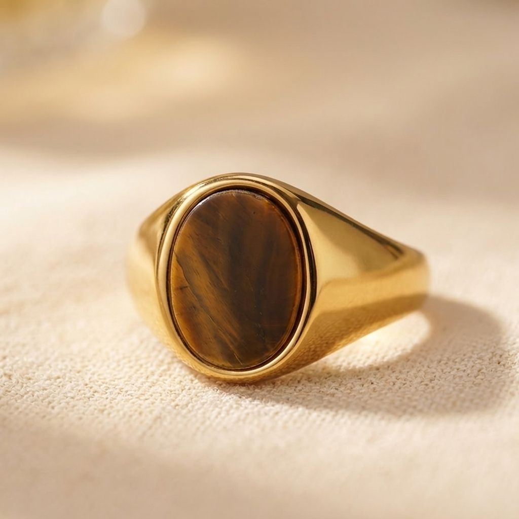 Gold Oval Tiger's Eye Stone Signet Ring