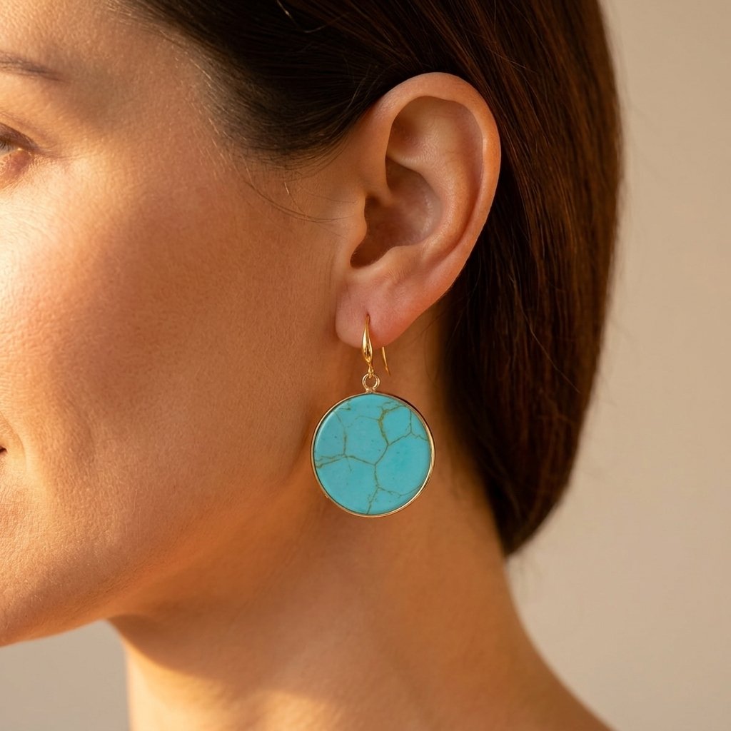 Boho Gold Turquoise Veined Round Earrings