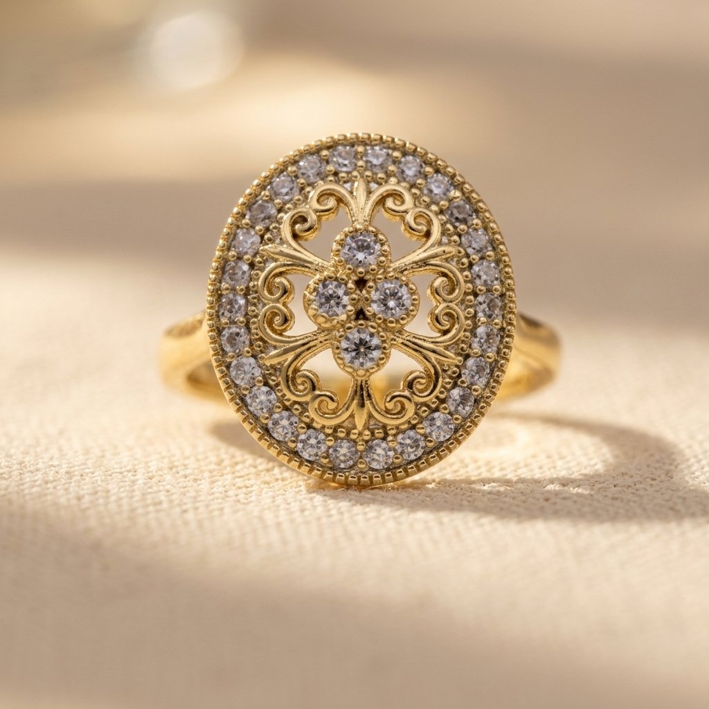 Vintage Gold Filigree Oval Cubic Zirconia Ring