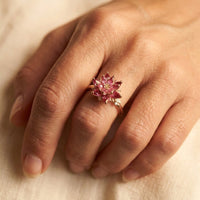 Vintage Handmade Red Cubic Zirconia Lotus Flower Ring