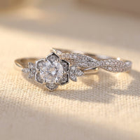 Vintage Silver Filigree Round Cubic Zirconia Ring Set