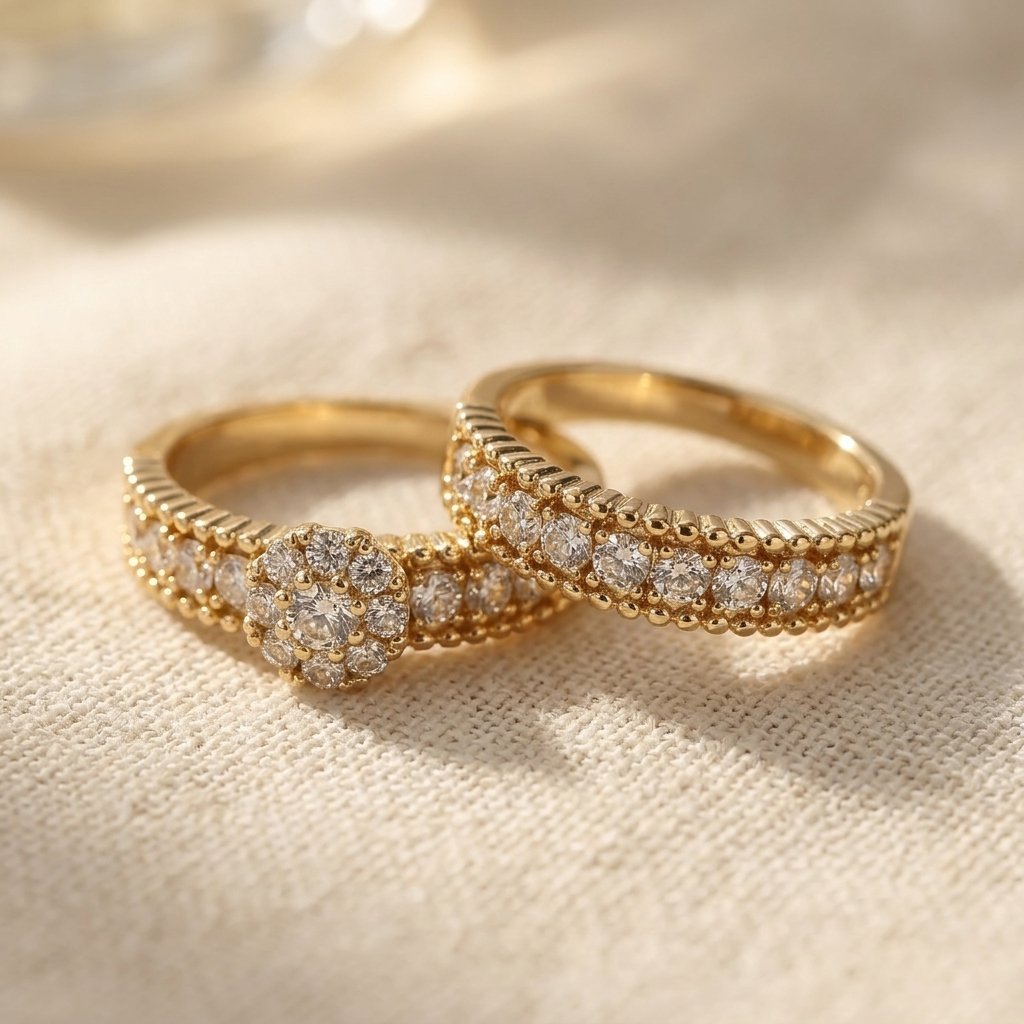 Gold Cubic Zirconia Floral Halo Ring Set