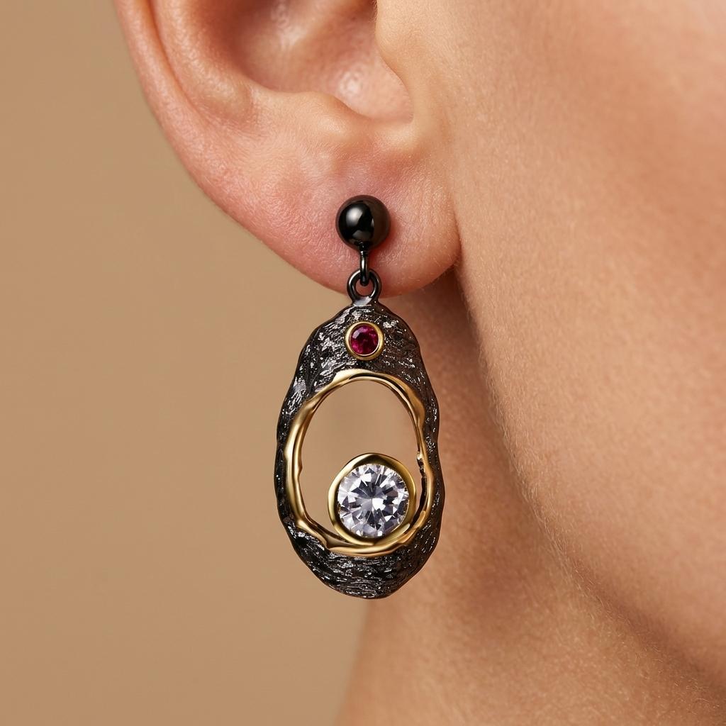 Black Gold Textured Oval Crystal Dangle Earrings