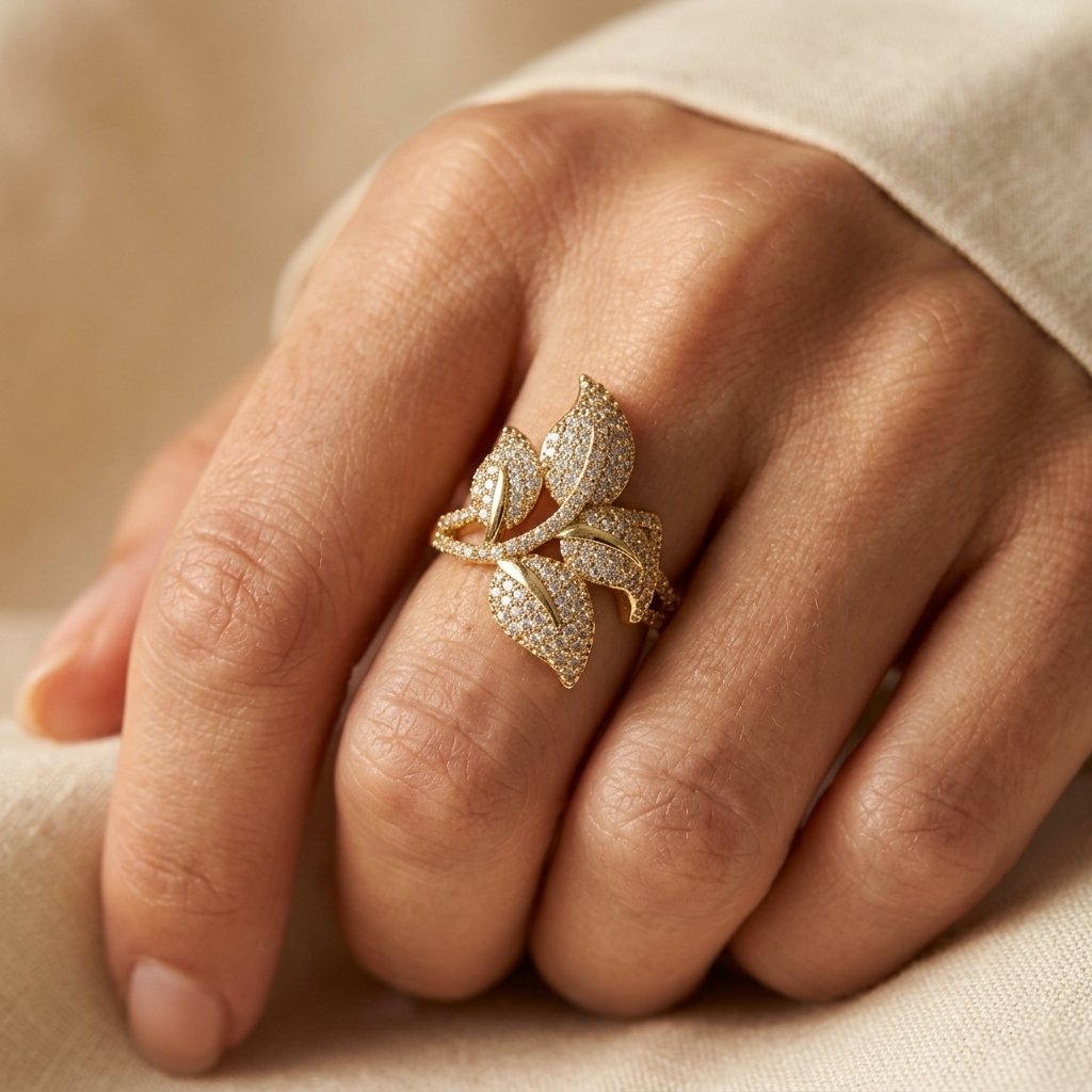 Gold Cubic Zirconia Filigree Leaf Ring