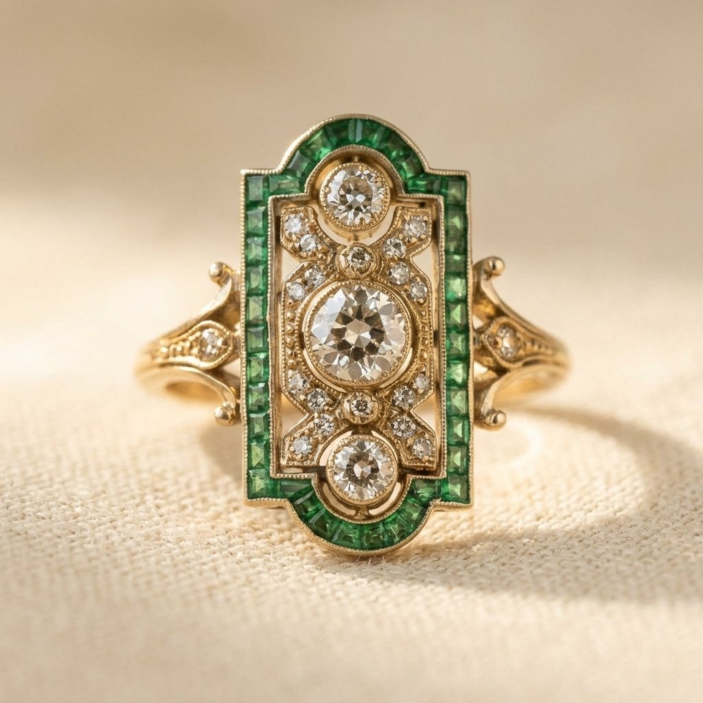 Art Deco Gold Diamond Emerald Ring